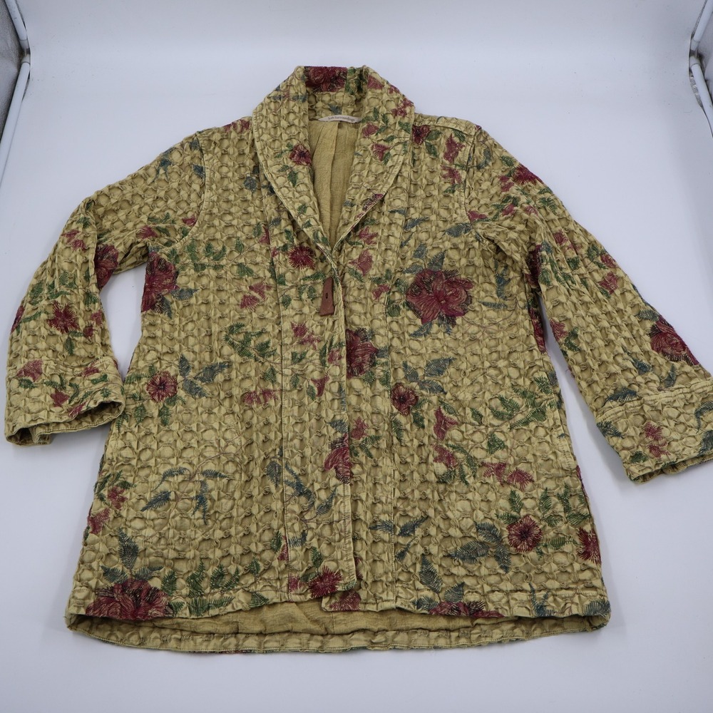 Soft Surroundings Floral Embroidered Puckered Jacket Womens Medium Tan‎ Mustard